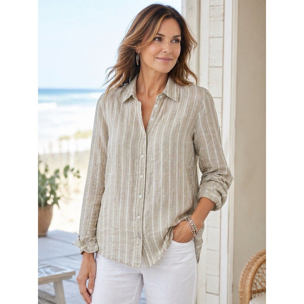 Chico’s Linen Blend Summer Shirt Beachy Long Sleeve Button Up  Size 1 M Coastal